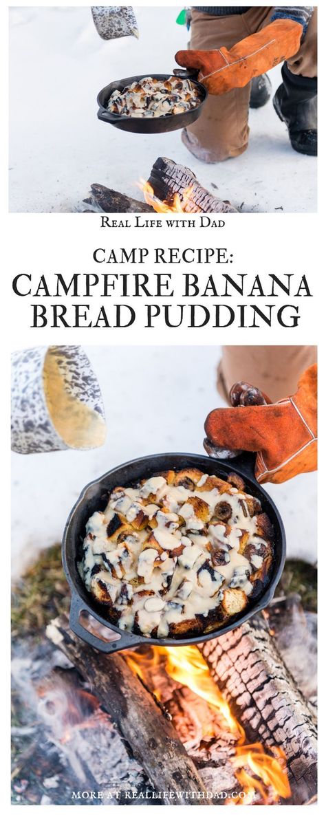 This Banana Bread Pudding is a perfect prep ahead idea for an amazing camping dessert. Roasted over the campfire, or baked in the oven, it is a surefire winner.  #recipe #banana Campfire Bananas, Recipes For Parties, Camping Food Make Ahead, Banana Bread Pudding, Bbq Desserts, Best Camping Meals, Grilled Desserts, Foil Pack Meals, Camping Desserts