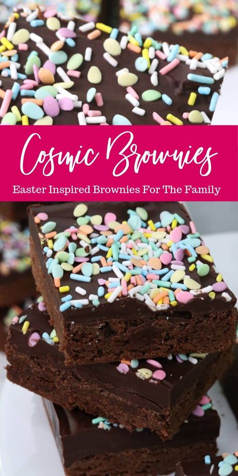 Easter Egg Cosmic Brownies! Easy Brownie Recipe for Easter Holidays! My family loves this easy dessert recipe! #passion4savings #easter #brownies #snacks #desserts Easter Brownie Ideas, Easter Brownie Bites, Chocolate Easter Desserts, Diy Cosmic Brownies, Chocolate Spring Desserts, Brownies 2 Eggs, Cadbury Egg Brownies, Easter Brownie, Easter Brownies Mini Eggs