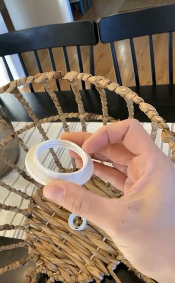 Learn how to make your very own basket light for less than $40. Easy DIY wicker pendant light. #diylight #pendantlight Diy Wicker Light Fixture, Diy Basket Pendant Light, Rv Lighting Fixtures, Cheap Baskets, Boho Light Fixture, Make A Basket, Rv Interior Design, Wicker Lamp Shade, Basket Light