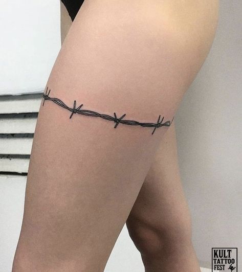 Barbed Wire Tattoo For Women Leg, Chain Around Leg Tattoo, Barb Wire Tattoo Around Thigh, Barbed Wire Garter Tattoo, Barb Wire Tattoo Around Leg, Barbwire Leg Tattoo, Chain Leg Tattoo, Ribbon Tattoos Thigh, Barbwire Tattoo Thigh