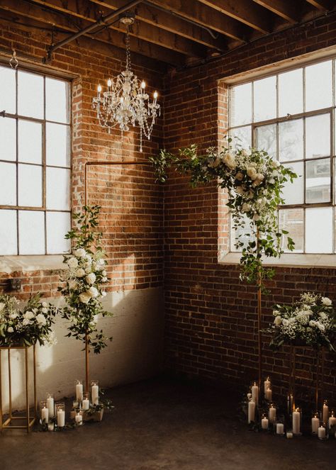 Industrial Ceremony Decor, Industrial Wedding Altar, Wedding Arch Industrial, Industrial Greenery Wedding, Minimal Wedding Decor Ceremony Backdrop, Minimal Ceremony Backdrop, Brick Wall Ceremony Backdrop, Exposed Brick Wedding Venue Decor, Free Standing Chandelier Wedding