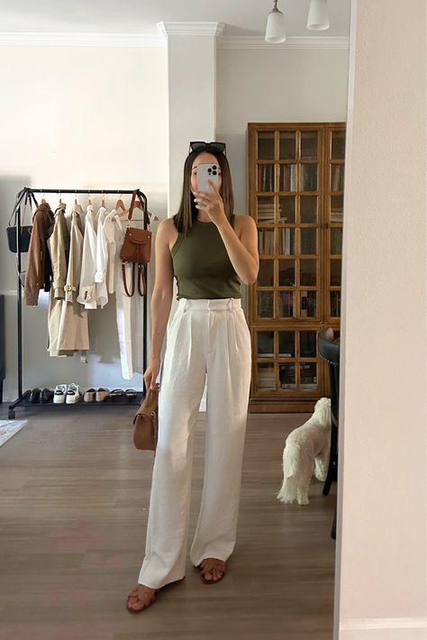 Premium Crepe Tailored Ultra … curated on LTK Cream Trousers Outfit, Cream Pants Outfit, Wide Leg Trousers Outfit, Smart Casual Work Outfit Women, White Wide Leg Trousers, Cream Trousers, Cream Pants, Tank Outfit, Tank Top Outfits