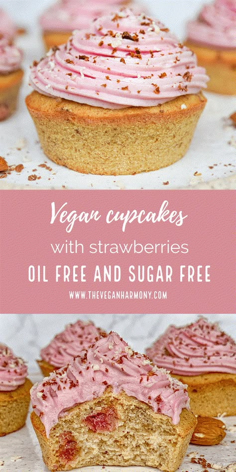 Cupcakes With Strawberries, Sugar Free Cupcakes, Tea Cupcakes, Sugar Free Baking, Vegan Whipped Cream, Vegan Baking Recipes, Sugar Free Cake, Sugar Free Vegan, Vegan Cupcakes