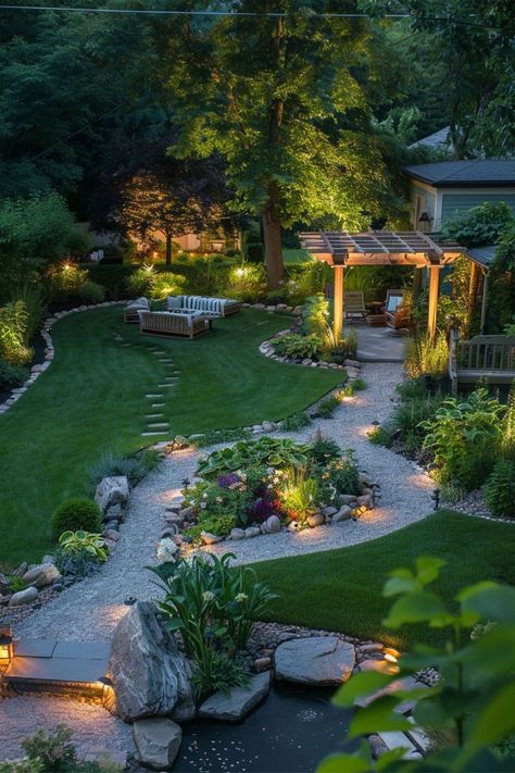 Outdoor House Garden, Wide Side Yard Ideas, Big Back Yard Landscaping, Backyard Zones Design, Big Backyard Garden Ideas, Landscaping Ideas For Large Backyard, Country Garden Design Layout, Lights For Garden Ideas, Home Backyard Garden