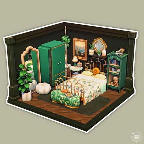 Sims 4 Maximalist Bedroom, Sims 4 Green Bedroom, Sims 4 Cottage Core Bedroom, Sims 4 Cozy Bedroom, Sims 4 Boho House, Sims 4 Garden Ideas, Bedroom The Sims 4, Sims Bedroom, Movie Hangout