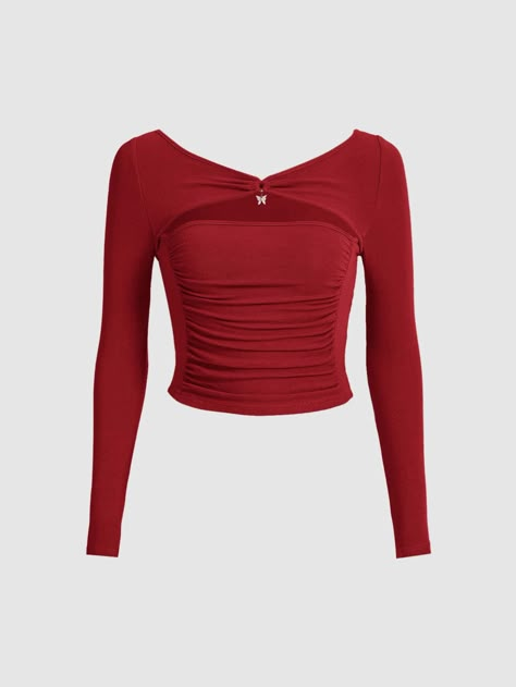 Red Casual Collar Long Sleeve Knitted Fabric Plain  Embellished Slight Stretch  Women Tops, Blouses & Tee Red Shirts Women, Red Shirts Aesthetic, Cute Red Long Sleeve Tops, Red Long Sleeve Blouse, Red Long Sleeve T-shirt, Red Tops Outfit, Cute Red Shirts, Red Clothes Png, Red Top Outfit Casual