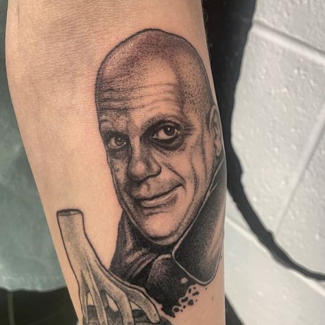 Uncle fester from Addams Family! Great addition to this Addams family sleeve! • • • • #addamsfamily #festeraddams #unclefester #tattoo #stylizedportrait #stylizedportraits #portrait #portraittattoo #blackandgrey #blackandgreytattoos #blackink #ink #inked #linework #stipple #stippleportrait #stippletattoo #stippletattoos #femaletattooartist #tattooartist #tattoo #michigantattooers #michigantattooartist Fester Addams, Michigan Tattoos, Uncle Fester, Female Tattoo Artists, Pretty Tattoos For Women, Addams Family, Stippling, Pretty Tattoos, Black And Grey Tattoos