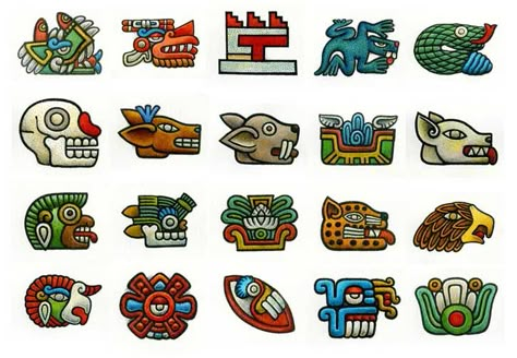 20 Aztec Day Signs of the Tonalpohualli (modern depiction) Aztec Cartoon Art, Aztec Illustration, Aztec Zodiac, Aztec Protection Symbol, Aztec Calendar Symbols, Aztec Macuahuitl, Xolotl Aztec Dog, Aztec Symbols, Mayan Symbols