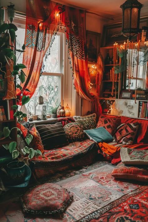 60s Boho Decor, Retro Curtains Living Room, Whimsigoth Apartment, Hippie Living Room Ideas, Boho Eclectic Interior, Boho Core, Hippie Apartment, Boho Maximalism, Hippie Living Room