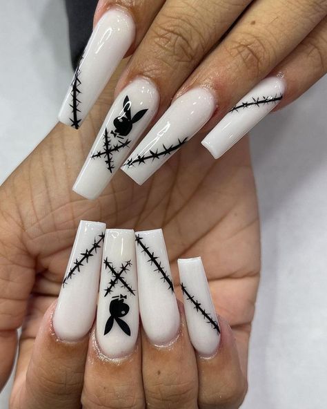 White On Black Nails, Play Boy Nails Acrylic, Nails Play Boy Bunny, Play Bunny Nails, G59 Nails Acrylic, Nails With Thumb, Playboi Carti Nails, Playboy Bunny Nail Design, Lil Peep Nails Acrylic