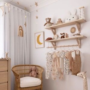 Shelf With Hanging Rod, Nursery Shelving, Baby Shelves, Baby Room Shelves, Wall Mounted Clothing Rack, Nursery Shelf Decor, Cozy Baby Room, Neutral Kids Room, Clothes Shelves