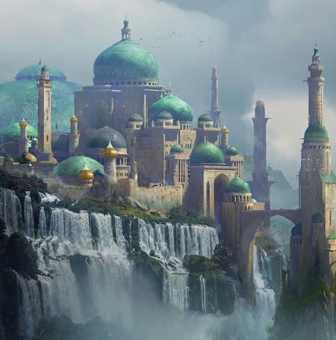 Concept art | illustration (@arts_offuture) posted on Instagram: “"Waterfall city " Artwork by Z Glong . . . . . . . .…” • Aug 26, 2020 at 8:11am UTC Sims Exterior, Waterfall City, Elemental Spirits, Mirkwood Elves, City Artwork, Fantasy City, Fantasy Castle, Fantasy Setting, Fantasy Places