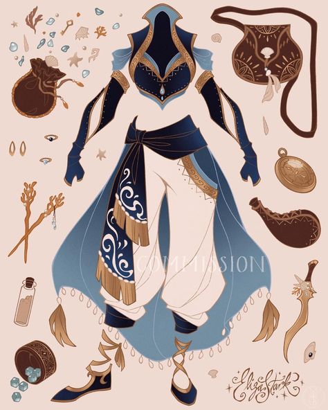 Eliza 💫k on Instagram: “Costume design commission for a Waterbender 🌊 #art #costumedesign #atla #waterbender #artistsoninstagram #artistsofinstagram” Blue Gold Outfit, Outfit Concept Art, Art Outfits, Clothing Sketches, Clothing Design Sketches, Gold Outfit, Drawing Anime Clothes, Fashion Design Drawings, Fantasy Dress