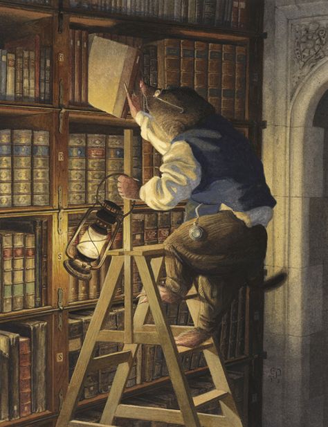 'Night-Time Reading' by Chris Dunn Illustration. A mole visits the library late in the evening to select an old book. Whimsical animal art. Chris Dunn Illustration, Wind In The Willows, Storybook Art, Fairytale Art, Art Et Illustration, Arte Fantasy, Childrens Illustrations, Children's Book Illustration, Whimsical Art