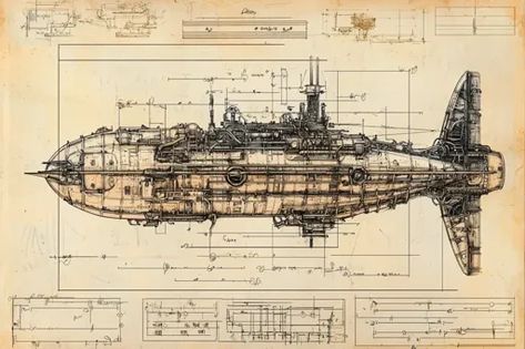 ↑↑↑ Larger size on website 🔸 The image shows a detailed blueprint of a steampunk submarine. The submarine is drawn in profile, wi 🔸 From Midjourney AI Image Submarine Drawing, Steampunk Submarine, Submarine Design, The Blueprint, Historical Documents, Grid System, Technical Drawing, Submarine, Art Images