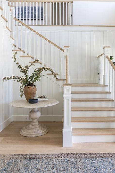 Shiplap Staircase, Modern Farmhouse Flooring, درج السلم, Pure Salt Interiors, Coastal Entryway, Modern Coastal Decor, Pure Salt, Farmhouse Flooring, Entryway Table Decor