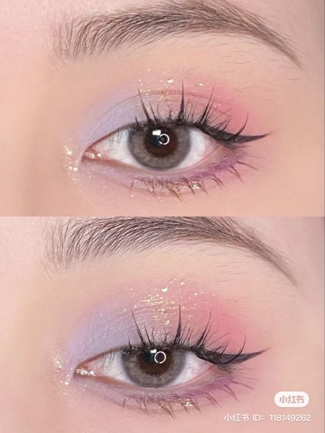 Korean Fairy Makeup, Douyin Makeup Fairy, Pastel Douyin Makeup, Korean Makeup Colorful, Soft Pastel Eye Makeup, Txt Inspired Makeup, Fairy Like Makeup, Soft Purple Makeup Looks, Korean Purple Makeup