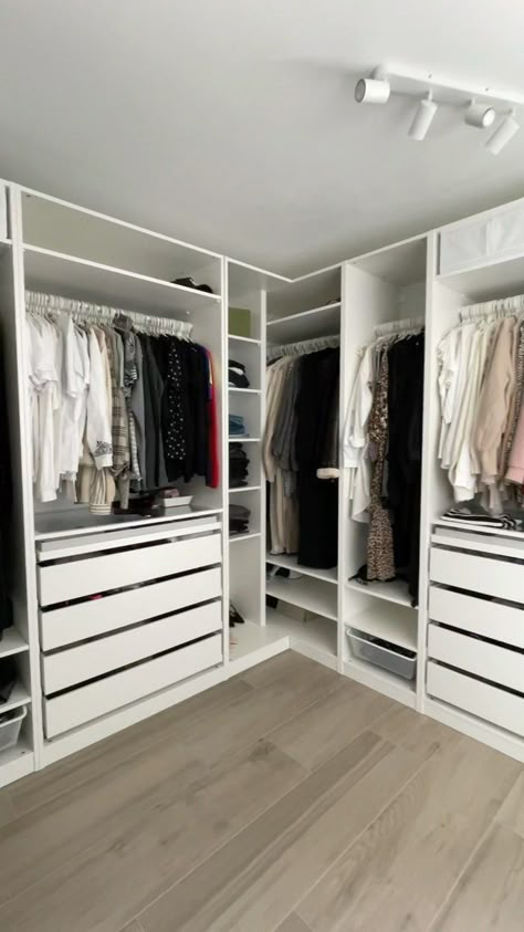 allabout.vanni on Instagram: ladys & gentlemen ✌🏻 our closet is finally ready to shine ✨ hier und da fehlen noch ein paar Kleinigkeiten, ein zusätzlicher Schrank muss… Ikea Pax Closet Corner, Walk In Cupboard Ideas, Ikea Pax Corner, Walk In Cupboard, Ikea Pax Corner Wardrobe, Pax Corner, Pax Corner Wardrobe, Closet Rooms, Montreal Apartment