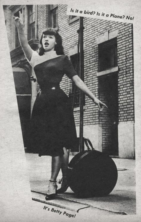 “Is it a bird? Is it a Plane? No! It’s Betty Page!” - Jest magazine, July 1957 Bettie Page Photos, 50s Glamour, Betty Page, Vintage Hollywood Glamour, Louise Brooks, Jet Black Hair, Pin Up Model, Bettie Page, Vintage Pin Up