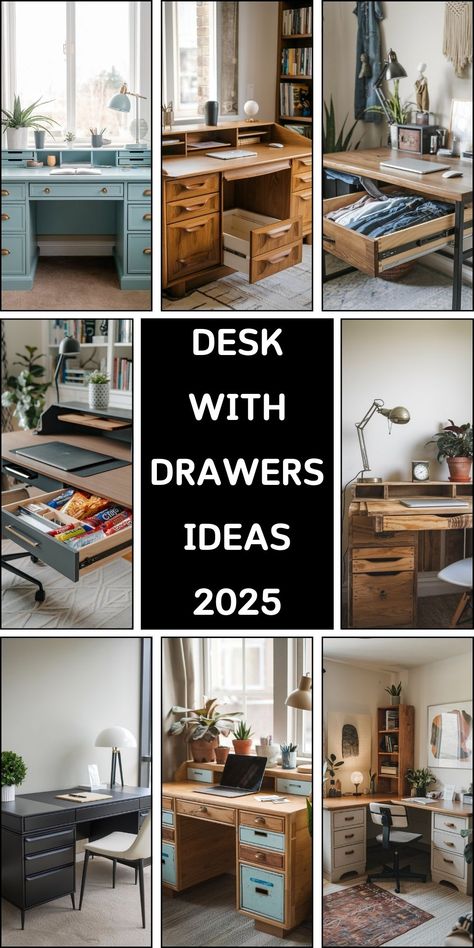 Upgrade your workspace with desk with drawers ideas 2025 featuring wooden, white, or black finishes. Try a floating desk for small spaces or a corner design for maximum storage. Butcher block tops add warmth, while diy solutions enhance organization. Keep clothes, snacks, and office supplies neatly stored with smart organizing tips and creative painting. Drawers Ideas, Butcher Block Top, Desks For Small Spaces, Smart Organization, Floating Desk, Corner Design, Diy Desk, Creative Painting, Organizing Tips