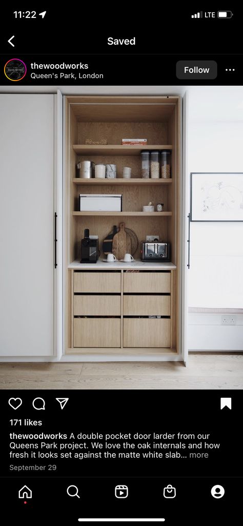 Pocket Door Larder, Double Pocket Door, Coffee Counter, Kitchen Larder, Pocket Door, Pantry Cabinet, Kitchen Reno, Pocket Doors, New Kitchen