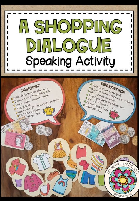 Shopping Dialogue, English Primary School, Speaking Activities English, Speaking Activity, Teacher Motivation, English Teaching Materials, English Activities For Kids, English Games, Speaking Activities