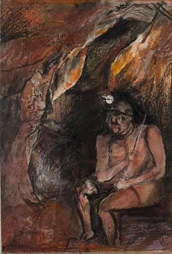 'TIN MINE - SEATED MINER WAITING' | Graham Sutherland: 'Eyes wide open in the darkness, holding his rock drill and clad in very little (except his helmet and a pair of shorts), this Geevor miner embodies the tough, physical nature of his work, becoming part of the rock itself.' (pic. + text Penlee House Gallery & Museum) ✫ღ⊰n Coal Miner Aesthetic, Floyd Collins, Graham Sutherland, John Minton, Neo Romantic, Gallery Museum, House Gallery, Phil Collins, English Artists