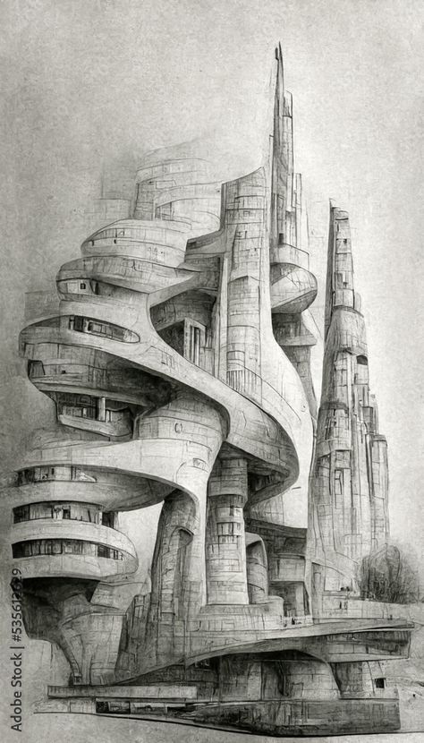 Structural Drawing Building, Futuristic City Drawing, Future City Drawing, Fantasy Alien, Alien City, Perspective Drawing Architecture, Stairs Architecture, Building Drawing, Architecture Design Sketch