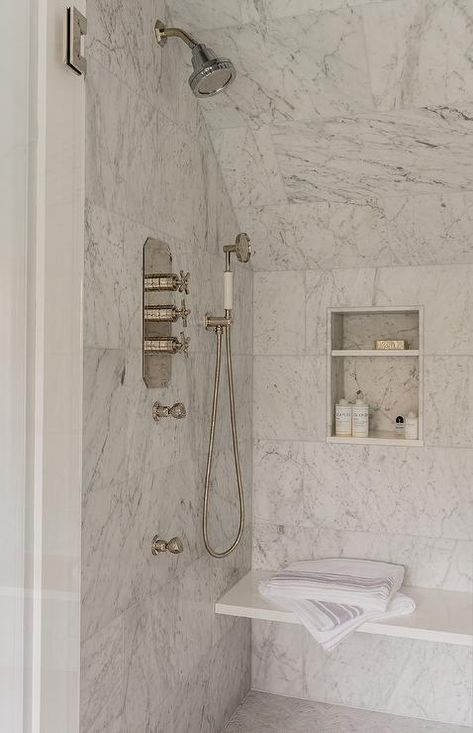 Clad Ceiling, Marble Niche, Floating Bench, Erin Gates Design, Traditional Meets Modern, Marble Shower Tile, Patrick Ahearn Architect, Patrick Ahearn, Gates Design