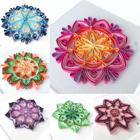 This collage of six colorful quilled mandalas by Iwona Wright is featured in a post about quilled mandalas and geometric paper art Geometric Paper Art, Quilling Snowflakes, Arte Quilling, Paper Quilling For Beginners, Paper Quilling Flowers, Origami And Quilling, Quilling Work, Nails Quotes, Hairstyles Art