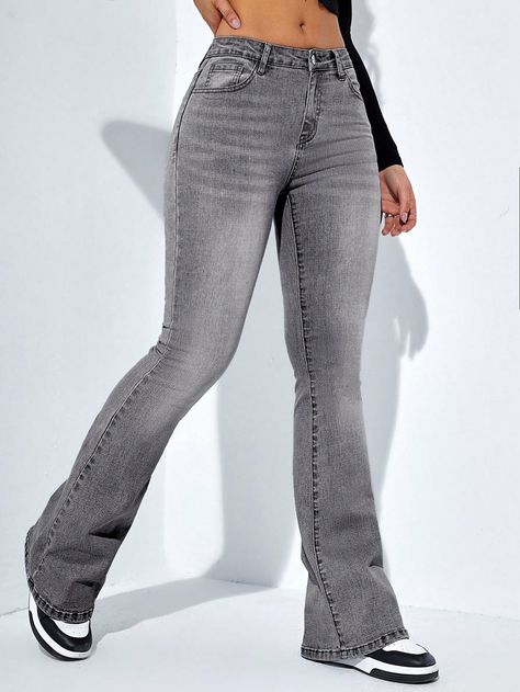 Grey  Collar  Denim Plain Flare Leg Embellished Medium Stretch  Women Clothing Cute Grey Jeans, Grey Bootcut Jeans Outfit, Trendy Gray Full Length Jeans, Grey Flare Jeans Outfit, Grey Flared Jeans, Flare Leg Jeans Outfit, Gray Fitted High Waist Jeans, Jeans Gris Large, Grey Jeans Outfit