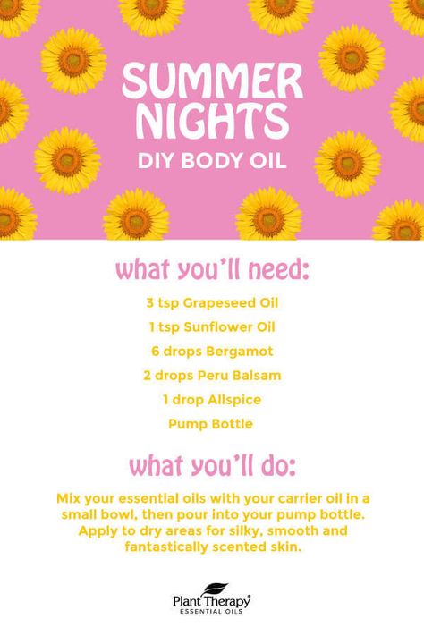 What’s one of the best parts of summer? The nights, of course! You can spend your time enjoying the quiet outdoors or the bustling city life. That’s why we created this Summer Nights Body Oil. It combines the light, moisturizing benefits of Grapeseed Oil and Sunflower Oil with the soft aromas of Bergamot and Peru Balsam. Plus, just a drop of Allspice adds a hint of exotic warmth to this summery blend. #bodyoil #bodycare #diy Sunflower Essential Oil Blend, Diy Body Oil Recipe, Spa Crafts, Grapeseed Oil Benefits, Body Oil Recipe, Diy Perfumes, Body Oil Diy, Essential Oils Hair, Facial Recipe