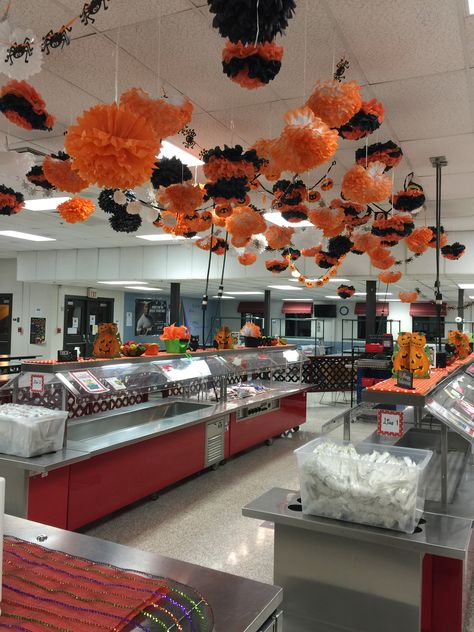 BES Halloween decorations for cafeteria Decorating Ideas For School Cafeteria, Breakroom Halloween Decor, Fall Decorations For Restaurant, Thanksgiving Cafeteria Decorations, School Lunch Line Decorations, Halloween Decorations For School Cafeteria, School Cafeteria Halloween Decorations, High School Cafeteria Decorations, School Cafeteria Decorations Ideas