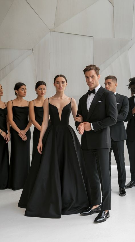 Dare to be bold with an all-black wedding look! This modern black wedding dress paired with a sleek black tux exudes sophistication and drama, perfect for the fashion-forward couple. Whether you're planning a luxury, gothic, or minimalist wedding, this elegant attire is timeless and unforgettable. Save this for your wedding inspiration board! 🖤✨ #BlackWeddingDress #ModernBride #LuxuryWedding #MinimalistWedding #BoldBridalLook #MonochromeWedding Modern Black Wedding, Monochrome Weddings, Black Wedding Dress, Black Tux, Elegant Attire, Wedding Inspiration Board, Black Wedding Dresses, Wedding Look, Black Wedding