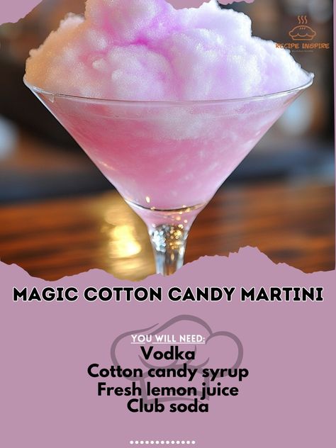 🍬🍸 Indulge in the whimsical flavors of the Magic Cotton Candy Martini! A sweet and fun drink that’s pure delight! Magic Cotton Candy Martini Ingredients: Vodka (2 oz) Cotton candy syrup (1 oz) Fresh lemon juice (0.5 oz) Club soda (to top) Cotton candy for garnish Instructions: In a shaker, combine vodka, cotton candy syrup, and lemon juice with ice. Shake well and strain into a martini glass. Top with club soda and garnish with a piece of cotton candy. 🍬🍸 The Magic Cotton Candy Martini ad... Cotton Candy Martini, Candy Syrup, Cotton Candy Drinks, Cotton Candy Cocktail, Martini Ingredients, Candy Cocktails, Candy Drinks, Club Soda, Gin Cocktails