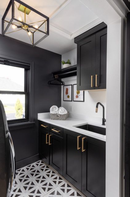 Modern Farmhouse Custom Home - Modern - Laundry Room - Detroit - by Forward Design Build Remodel | Houzz Black Laundry Cabinets, Black Laundry Room Cabinets, Galley Laundry Room Ideas, Galley Laundry Room, Modern Utility Room, Laundry Room Light Fixture, Galley Laundry, Modern Laundry Room Ideas, Gold Apartment