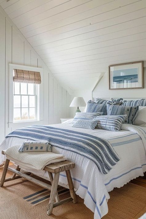 Coastal Granddaughter Interior, Nantucket Aesthetic Bedroom, Room Decor Bedroom Beach, East Coast Bedroom, Blue Cottage Bedroom, Coastal Contemporary Bedroom, Beach Bedroom Ideas Coastal Style, Coastal Blue Bedroom, Nantucket Bedroom