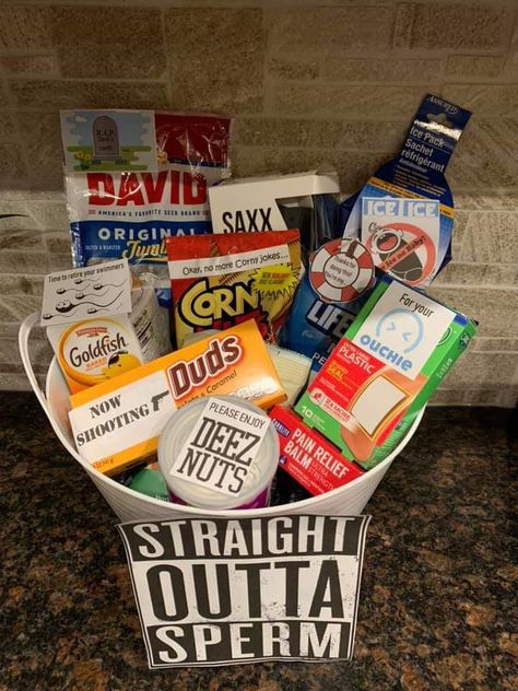 Vasectomy Gift Basket, Vasectomy Care Package Ideas, Vasectomy Care Package, Funny Gift Baskets, Recovery Gift Basket, Vasectomy Gift, Get Well Baskets, Care Basket, Gifts For Hubby