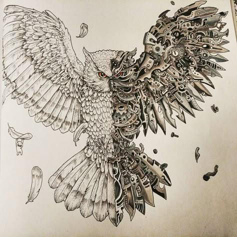 Steampunk Wings Tattoo, Mechanical Owl Tattoo, Owl Griffin Drawing, Chest Tattoo Wings, Mechanical Owl, Art Nouveau Owl Tattoo, Steampunk Drawing, Steampunk Tattoo, Steampunk Coloring