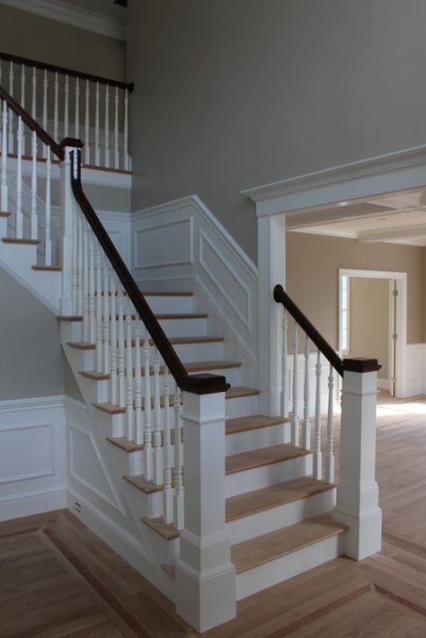 newel post, light oak floors w/dark railing Stair Paneling, Transitional Staircase, White Stairs, Transitional Exterior, Traditional Staircase, Staircase Remodel, Hall Design, Transitional Living Rooms, Stair Railing