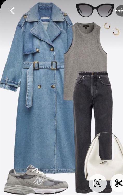 Jean Trench Coat Outfit, Jeans Trench Coat Outfit, Demin On Denim Outfit, Denim Trench Coat Outfit, Denim Coat Outfit, Trench Outfit, Coat Outfit Casual, Long Coat Outfit, Trench Coat Outfit