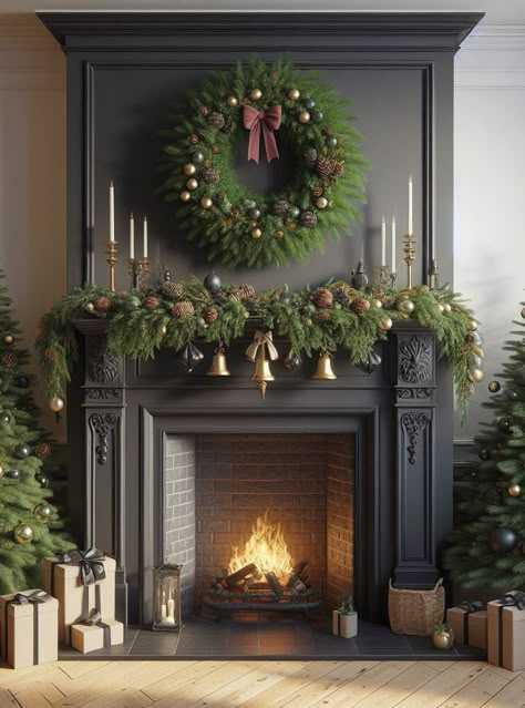 How to decorate a mantel for Christmas. How to decorate a fireplace for Christmas. How to decorate a fireplace mantel for Christmas. Mantel Christmas decorating ideas. Christmas inspo. Christmas decorating ideas. Vintage Christmas. Christmas mantle decor. Holiday decor. Christmas decor ideas. Christmas mantels. Mantel Christmas decorating ideas. Christmas fireplace mantels. Mantel decorating ideas for Christmas. Fireplace mantle Christmas decor ideas. Winter mantle decor. Fireplace mantle decor. black painted fireplace. Christmas Corner Fireplace Mantels, Antique Mantel Fireplace, Wreath Above Mantle, Decorating Faux Fireplace, Double Mantle Decorating Ideas, Moody Christmas Mantle, How To Dress A Mantlepiece, Decorating Mantel For Christmas, Large Fireplace Mantle Decor