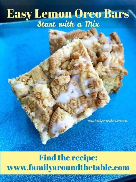 2 Oreo Lemon Bars on a plate with the website URL. Lemon Oreos, Lemon Oreo, Oatmeal Applesauce Cookies, Recipe Using Lemons, Oreo Bars, Family Around The Table, Caramel Apple Cookies, Slow Cooker Recipes Dessert, Lime Recipes