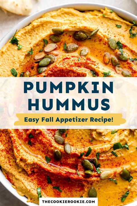 This sweet and savory Pumpkin Hummus recipe is creamy, easy, and filled with tons of delicious ingredients! Pumpkin puree, chickpeas, tahini, garlic, maple syrup, and a range of spices create an incredible flavor you won't be able to resists. Just 20 minutes stands between you and this amazing fall hummus! Pumpkin Hummus Without Tahini, Pumpkin Puree Ideas, Sweet Potato Hummus Without Tahini, Pumpkin Spice Hummus, Halloween Hummus, Fall Hummus, Pumpkin Hummus Recipe, Fall Recipes Appetizers, Fall Appetizers Easy