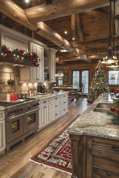 Beautiful Cozy Homes, Barndominium Christmas, Winter Cabin Kitchen, Christmas House Interior, New Year Aesthetics, Cozy Country Home, Layout Bedroom, Decorate A House, Log Cabin Kitchen