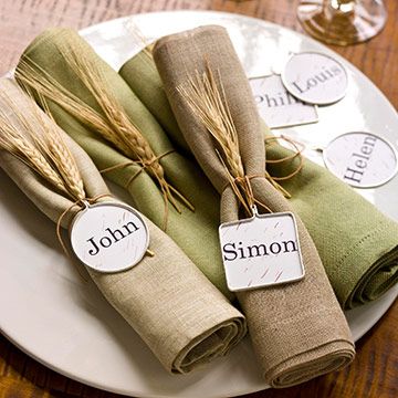 fun for a dinner party or tea table Autumn Entertaining, Easy Diy Thanksgiving Decorations, Wheat Decorations, Easy Diy Thanksgiving, Place Settings Thanksgiving, Thanksgiving Napkins, Thanksgiving Place Cards, Thanksgiving Dinner Table, Thanksgiving Decorations Diy