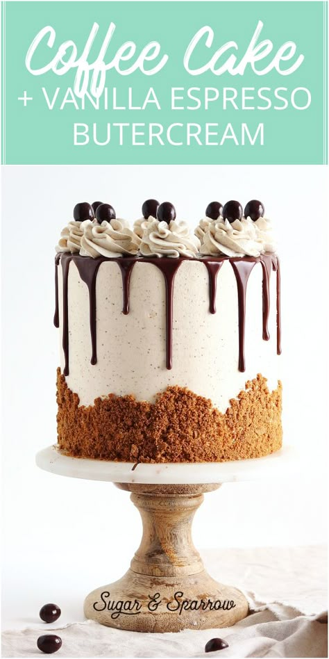 Recipe for a decadent coffee layer cake with vanilla espresso buttercream, crushed Speculoos cookies, and chocolate ganache | Sugar & Sparrow | #coffeecake #coffee #cake #cakerecipe #buttercreamrecipe #espressobuttercream Coffee Layer Cake, Espresso Buttercream, Espresso Cake, Speculoos Cookies, Coffee Buttercream, Biscoff Cookie Butter, Mini Torte, Layer Cake Recipes, Buttercream Recipe