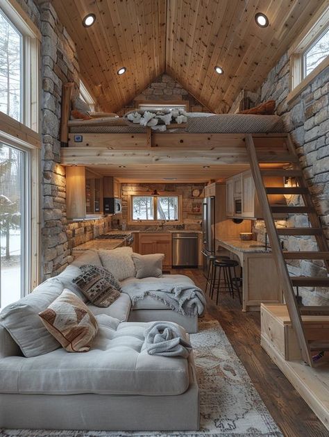 Tiny House Life - Just perfect.. Cozy Tiny House Interior, Tiny Home Aesthetic, Cozy Tiny Home, Tiny House Living Room, House Interior Ideas, Stone Walls Interior, Interior D, Tiny House Interior, Tiny House Living