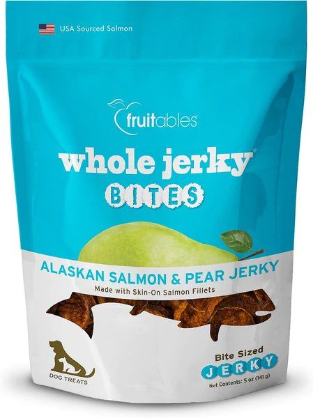 FRUITABLES Whole Jerky Bites Alaskan Salmon & Pear Dog Treats, 5-oz bag - Chewy.com Salmon Dog Treats, Making Jerky, Best Treats For Dogs, Alaskan Salmon, Dog Training Treats, Dog Bakery, Paleo Treats, Dog Diet, Natural Dog Treats