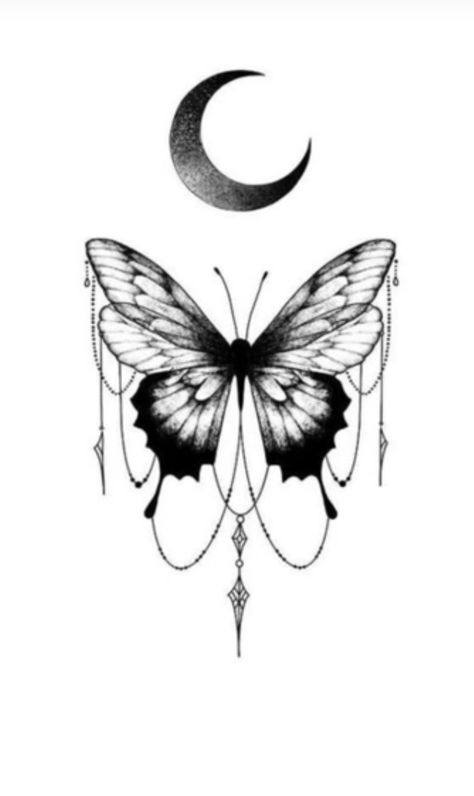 moon butterfly Rose And Butterfly Tattoo, Butterfly Tattoo Stencil, Unique Butterfly Tattoos, Lace Tattoo Design, Moon Butterfly, Magic Tattoo, Moon Tattoo Designs, Gorgeous Tattoos, Hand Tattoos For Women